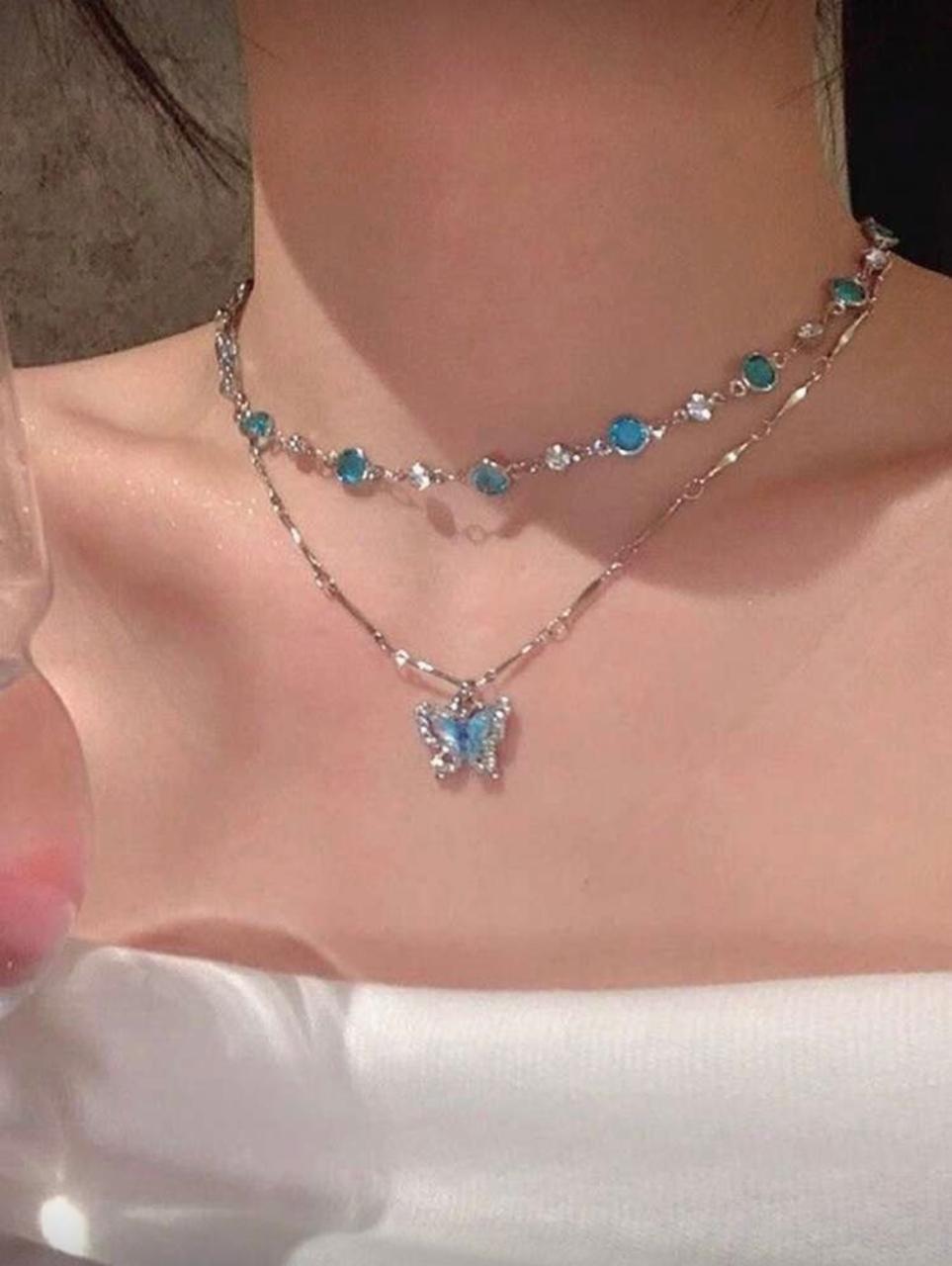 2 Piece Blue Crystal Butterfly Necklace