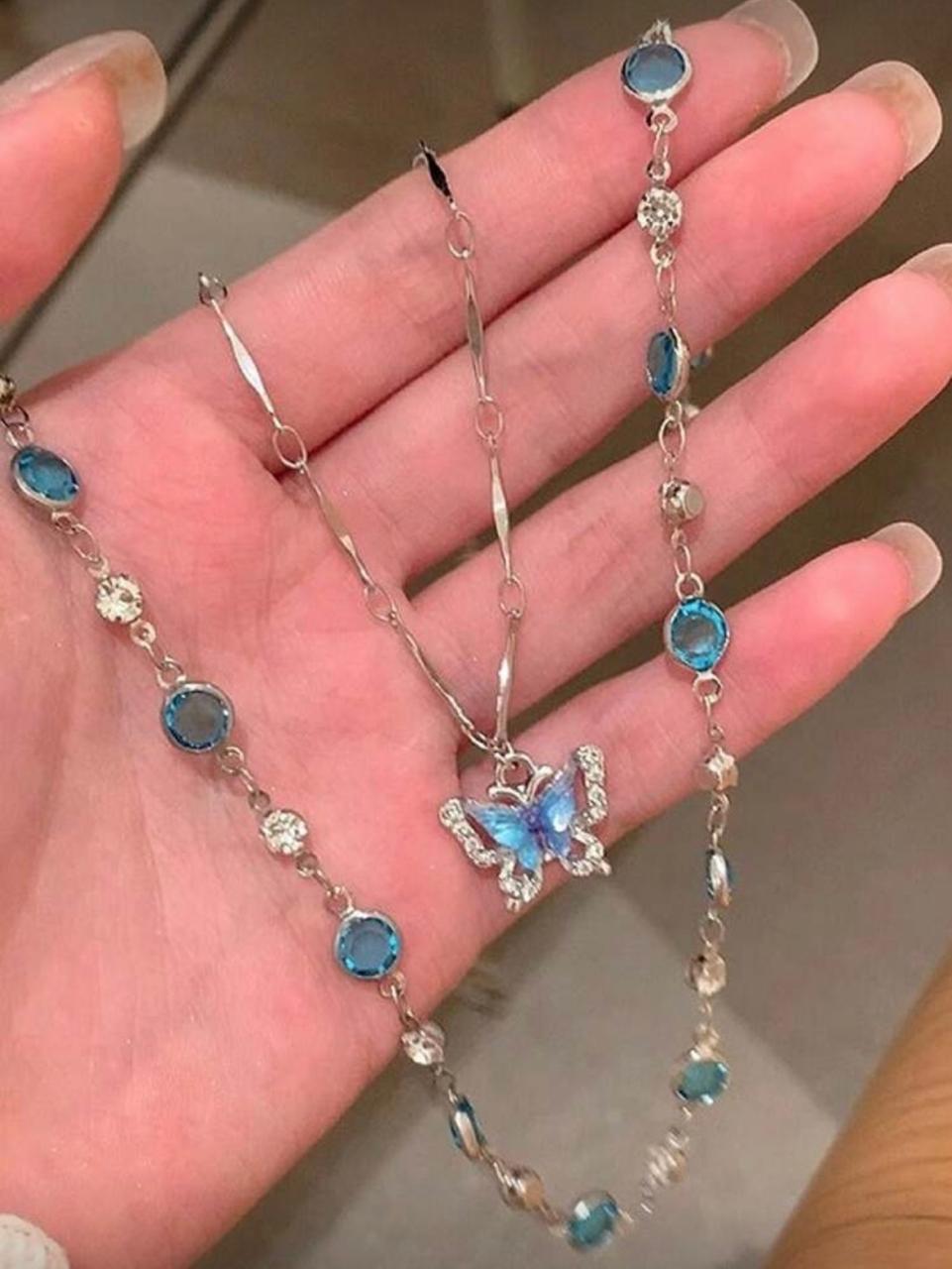 2 Piece Blue Crystal Butterfly Necklace